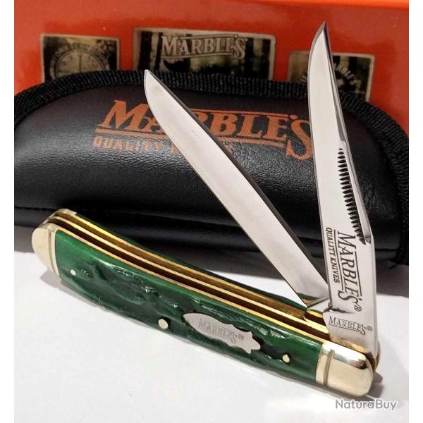 Couteau Marbles Green Stag Bone Trapper Lames en Acier 440 Poign�e en Os Vert Slipjoint MR189