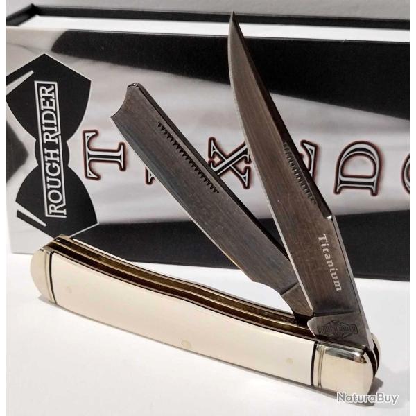 Couteau Rough Ryder Tuxedo White Razor Trapper Lames Acier 440 Manche Micarta Slipjoint RR2667