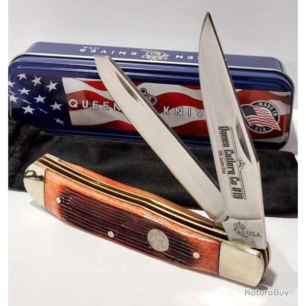 Couteau Queen USA Trapper Amber Winterbottom Bone Lames Acier Carbone 1095 Manche Os USA QAWB54