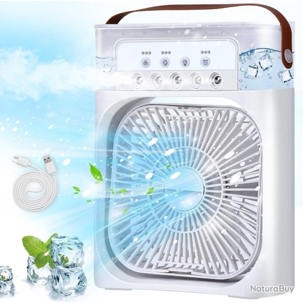 Ventilateur Portable 3-en-1 USB - Climatiseur, Humidificateur & �clairage LED - Avec anse Blanc