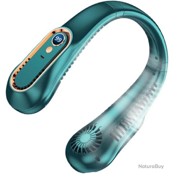 Ventilateur de Cou USB Rechargeable - 5 Vitesses - �cran Digital - Vert