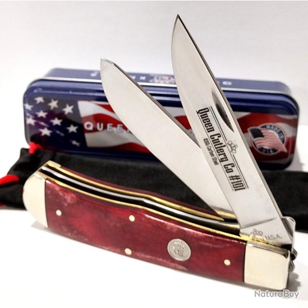 Couteau Queen USA Trapper Lames Acier Carbone 1095 Manche Os Rouge Made in USA Boite M�tal QRSB206L