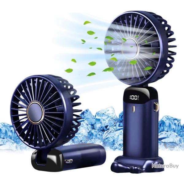 Mini Ventilateur USB Portable de Poche - 5 Vitesses - Base Pliable - Bleu