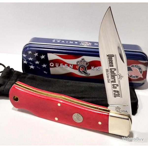 Couteau Queen Cutlery Red Bone Lame Acier Carbone 1095 Manche Os Lockback Boite M�tal USA QRSB106L