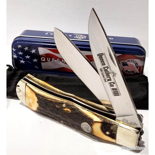 Couteau Queen USA Trapper Lames Acier Carbone 1095 Manche Corne Daim Boite M�tal Made USA QGSH206L