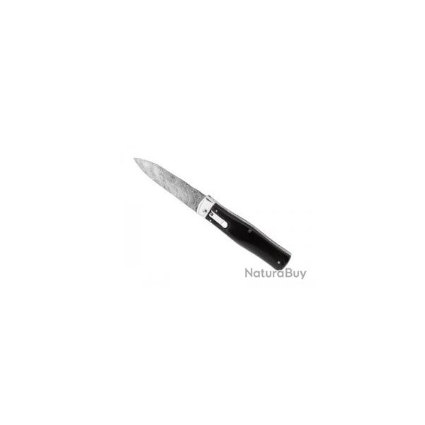 Couteau automatique MIKOV PREDATOR  lame damas inox, manche 12 cm corne de buffle. Etui cuir noir
