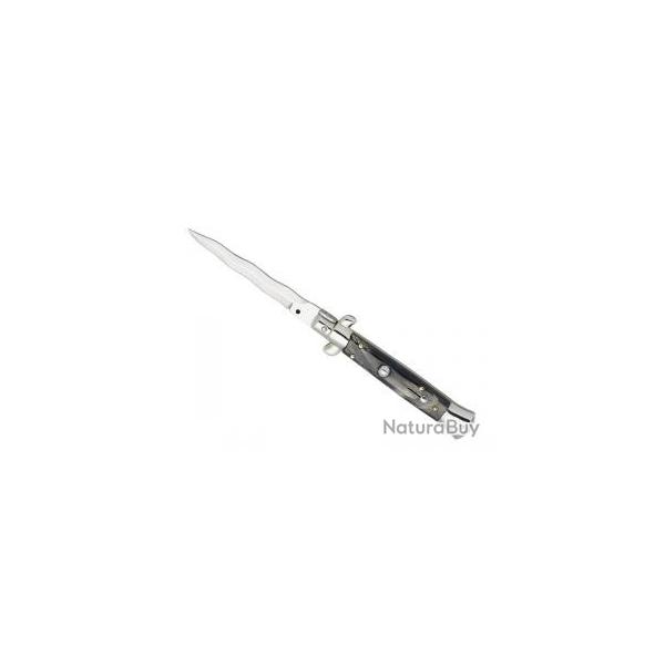 Couteau automatique, lame KRISS inox, manche 12 cm corne, mitre basculante.