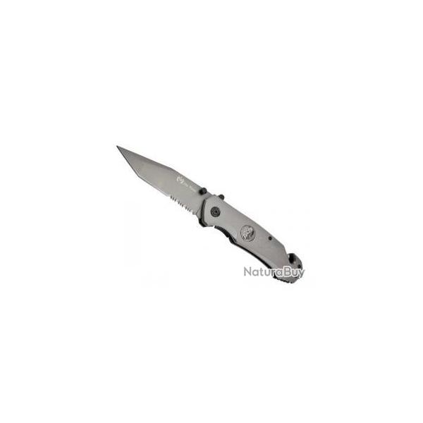 Couteau Max Knives lame noire semi-dent�e acier 3Cr13 avec � flipper � t�te de mort incrust� manche