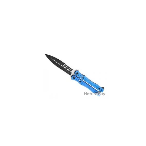 Couteau papillon Max Knives lame noire  trous acier inox, manche  trous 13 cm bleu
