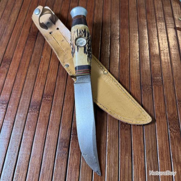 COUTEAU  ARTISANAL ALLEMAND B&D MANCHE BOIS DE CERF AVEC BOUSSOLE �TUIS DE CEINTURE CUIR
