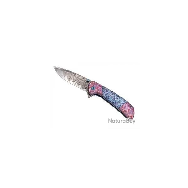 Couteau Third lame � trou acier inox 420 avec flipper + impression 3D d�cor damas + manche bleu/rose