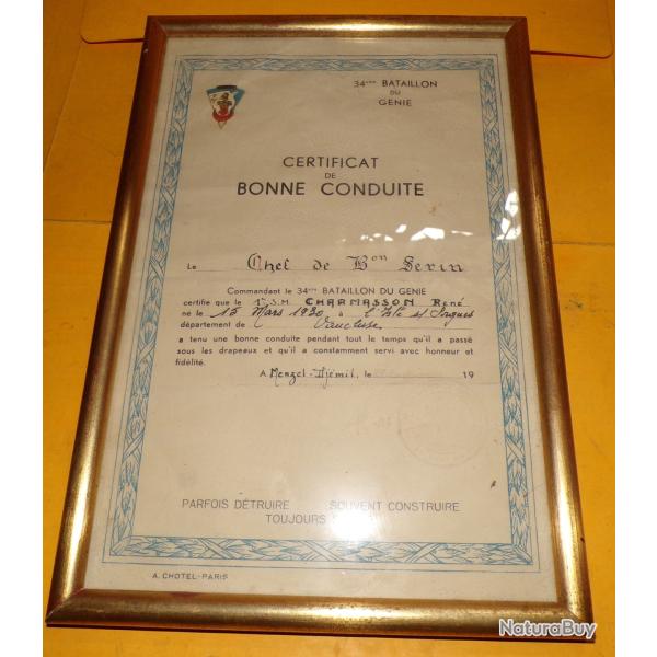 CERTIFICAT DE BONNE CONDUITE DU 34� BATAILLON DU GENIE , SOUS CADRE  , ETAT VOIR PHOTOS  . POUR TOUT