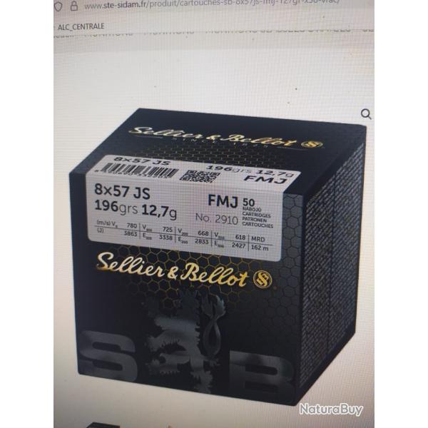 Bote de 50 munitions sellier et bellot 8x57js fmj 12.7gr 196grs