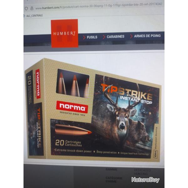 Bo�te de 20 munitions norma tipstrike calibre 30-06 spring 11.0g 170gr