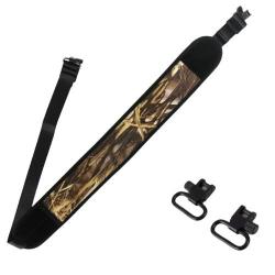 Sangle de Fusil Rembourr&eacute;e N&eacute;opr&egrave;ne &Eacute;tanche R&eacute;glable 2 &Eacute;merillons Acier Antid&eacute;rapante Chasse CAMO