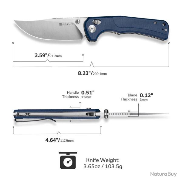 Couteau Sencut Slybolt Lame Acier 9Cr18MoV Manche Micarta Blue Bouton Lock Clip S25001A2