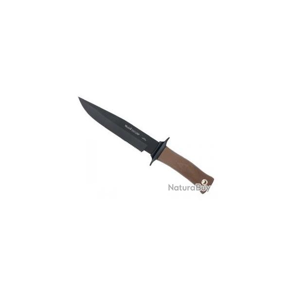 Poignard Muela ESCORP lame noire semi-dente 18 cm acier inox 420, manche gomme marron  +tui