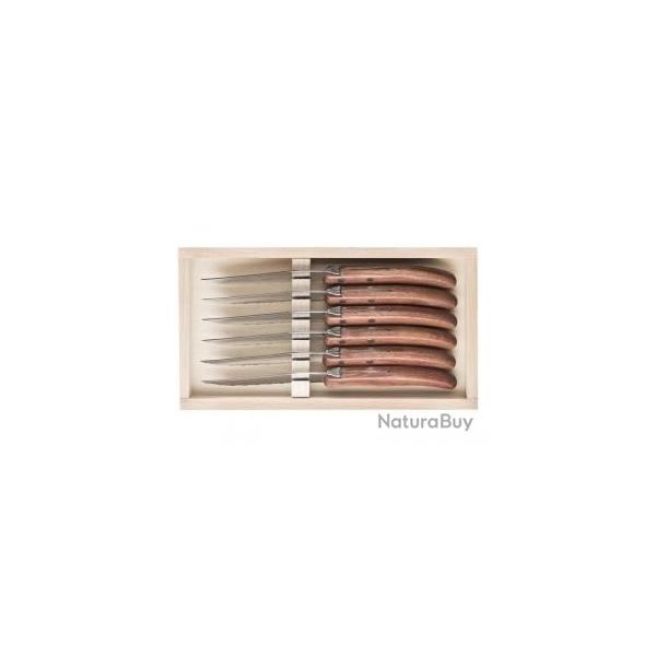 Coffret 6 couteaux steak Laguiole par C. DOZORME, 22 cm, inox  dents, manche bubinga
