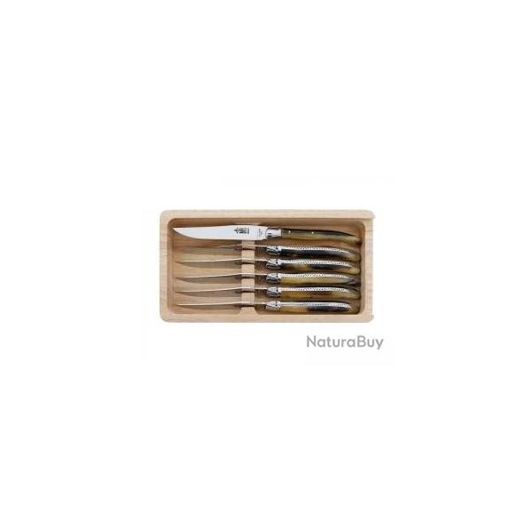 Coffret 6 couteaux table Laguiole G. DAVID, 23 cm, inox, manche faon corne blonde