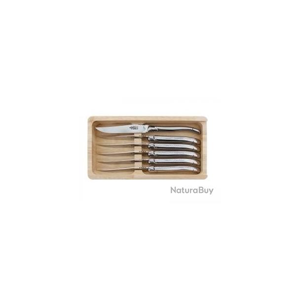 Coffret 6 couteaux table Laguiole G. DAVID, 23 cm, inox, plein manche inox brillant, guilloch.