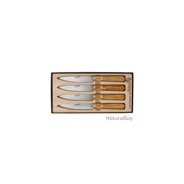 Coffret 4 couteaux table ROGER ORFEVRE 20,5 cm lame microdente inox, manche olivier