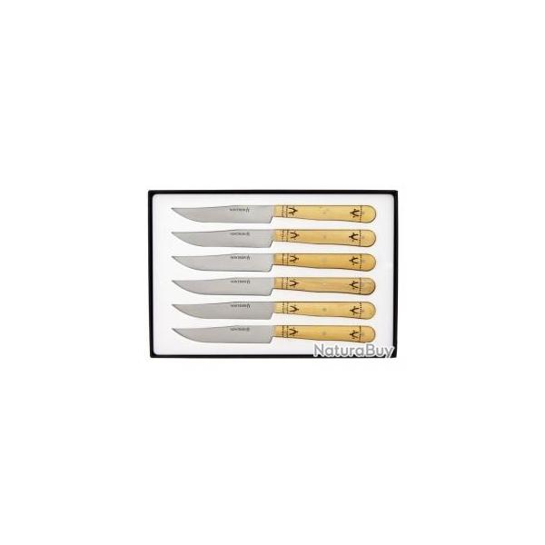 Coffret 6 couteaux table NONTRON, lame yatagan acier inox T12 satin, 21 cm, manche rond en buis