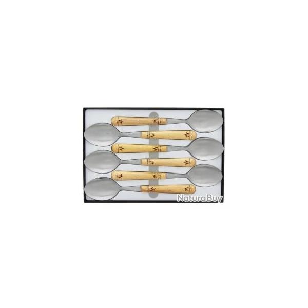 Coffret 6 cuillers table NONTRON, acier inox T12, 20 cm, manche rond en buis pyrograv.