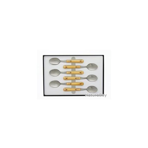 Coffret 6 cuillers  caf NONTRON, acier inox T12, 14 cm, manche rond en buis pyrograv.