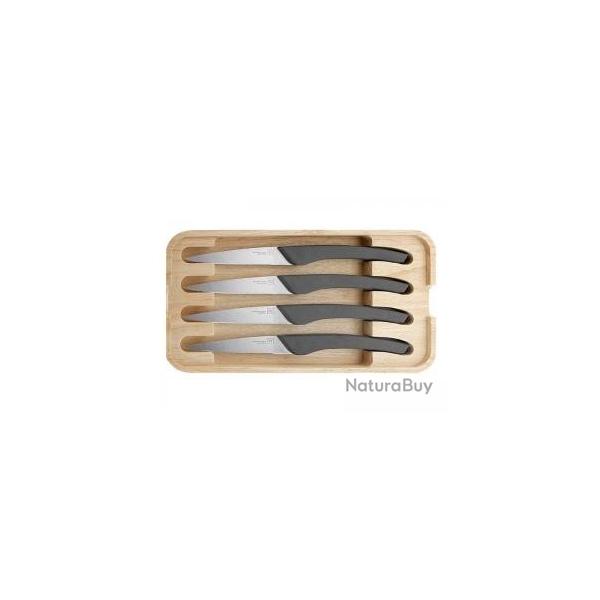 Coffret 4 couteaux steak TB AUGUSTE 22,5cm lame dente pleine soie acier inox mat manche ABS ardoise