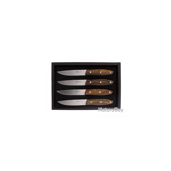 Coffret 4 couteaux steak Maserin  STAKNI , 22 cm, lame lisse acier inox 1.4116, manche bois bocote
