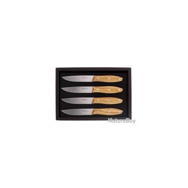 Coffret 4 couteaux steak Maserin  STAKNI , 22 cm, lame lisse acier inox 1.4116, manche olivier