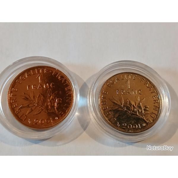 1 franc 2001 + 1 franc 2001 dor� � l'or fin 24 carats , neuve