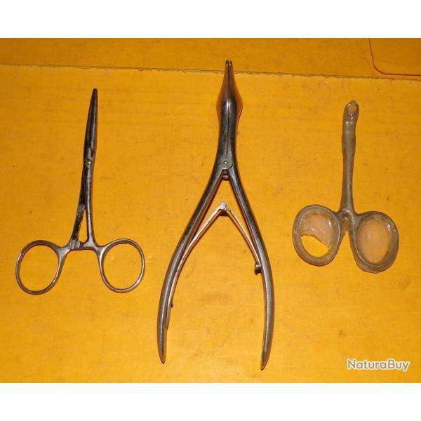 SERVICE DE SANTE : OUTIL MEDICAL LOT DE 3 PINCES POUR OPERATION CHIRURGIE ,BON ETAT  VOIR PHOTOS