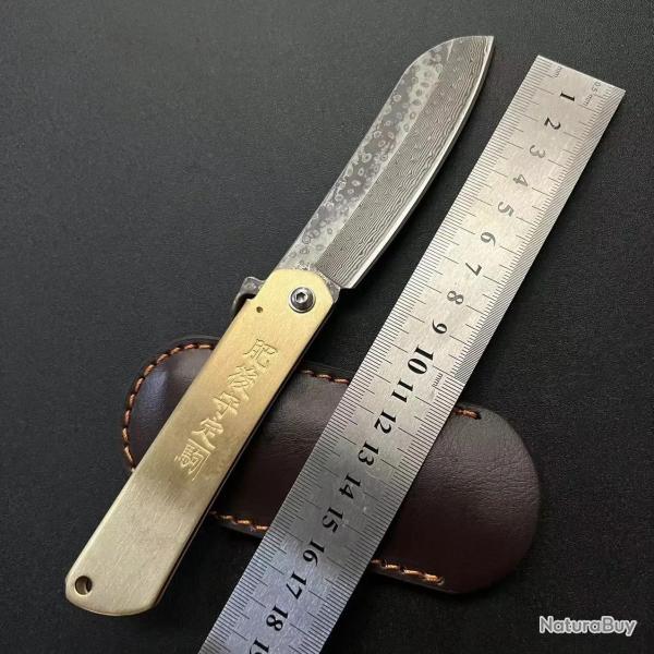 Couteau pliant style Higonokami en laiton massif - Lame grav�e laser motif Damas - EDC & Collection