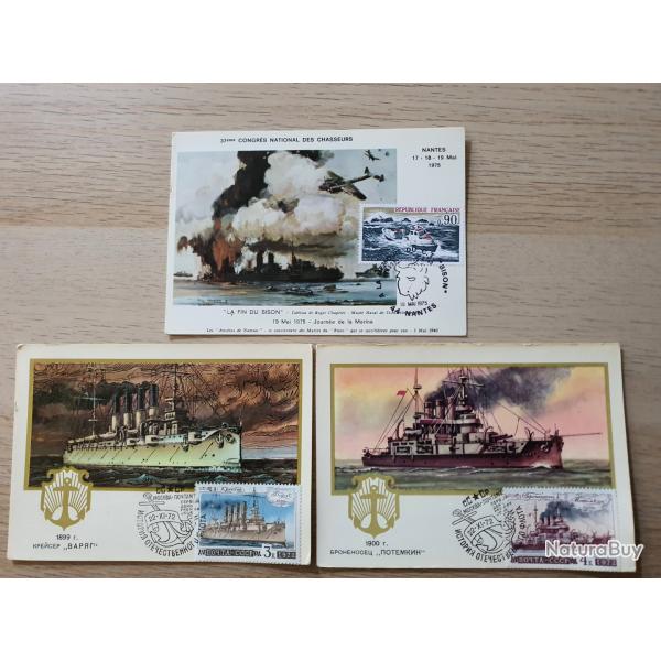 Lot 3 cartes postales timbre 1er jour marine de guerre russe et Narvick