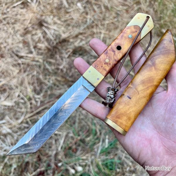 Couteau lame fixe damas Tanto japonais bois stabilis� �tui int�gral custom collection #310