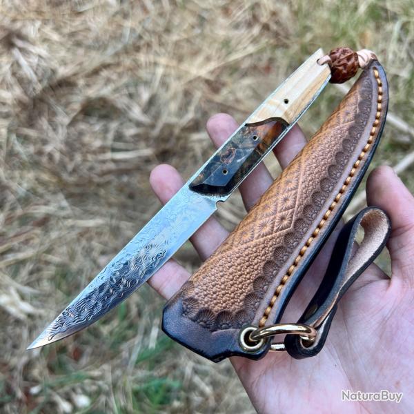 Magnifique petit couteau lame fixe acier damas luxe bois stabilis� avec son �tui custom #309