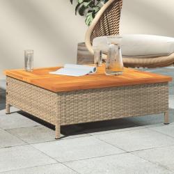 Table de jardin beige 70x70x25 cm r&eacute;sine tress&eacute;e et bois acacia