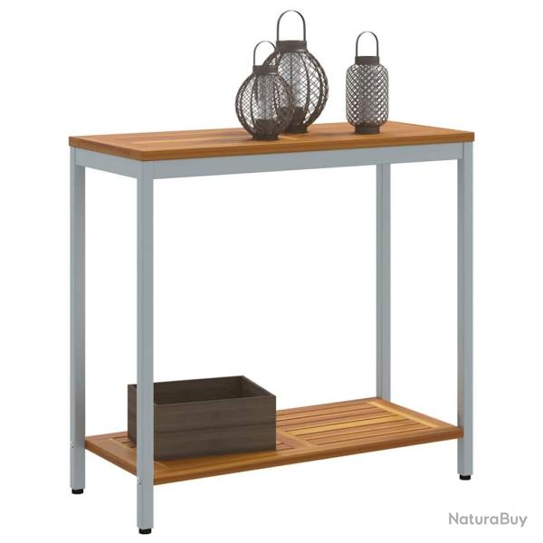 Table d'extrieur grise et naturelle, 35 x 80 x 75 cm, en bois massif et acier.