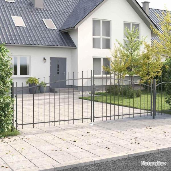 Portail de jardin avec sommet en lance, double swing, gris 100x400 cm en acier.