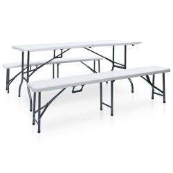 Table pliable de jardin avec 2 bancs 180 cm Acier et PEHD Blanc