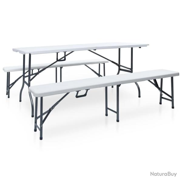 Table pliable de jardin avec 2 bancs 180 cm Acier et PEHD Blanc