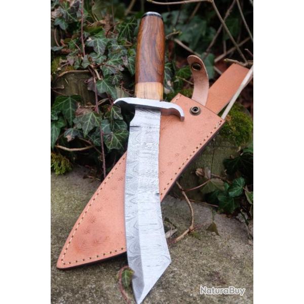 Mini Katana Dao Lame Acier Damas 256 Couches Manche Bois Garde Nickel Etui Cuir Fabric Artisanale 00