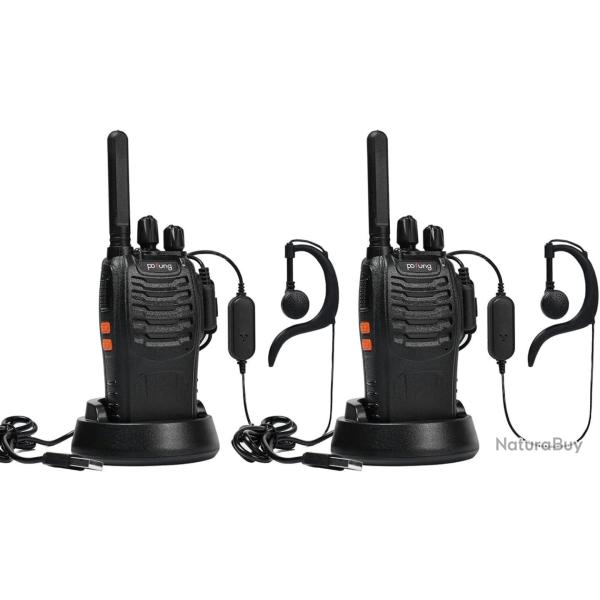Lot de 2 Talkie-Walkie Batterie 1500 mAh 16 Canaux Oreillette VOX LCD Charge USB Lampe