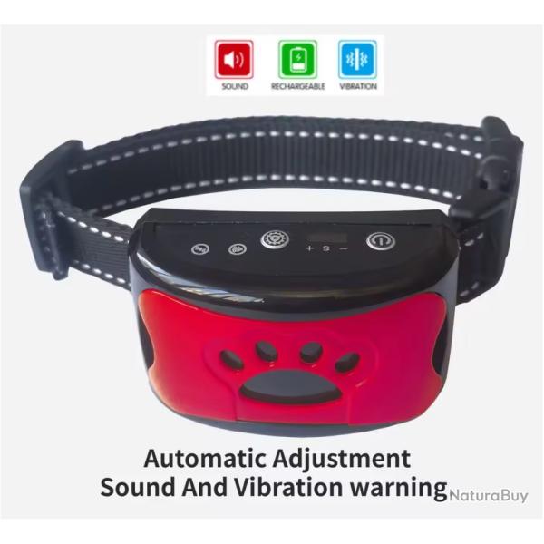 Collier Anti-Aboiement pour Chien Rechargeable USB 7 Niveaux Vibration Son Rouge
