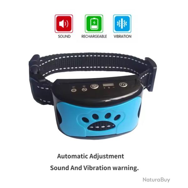 Collier Anti-Aboiement pour Chien Rechargeable USB 7 Niveaux Vibration Son Bleu