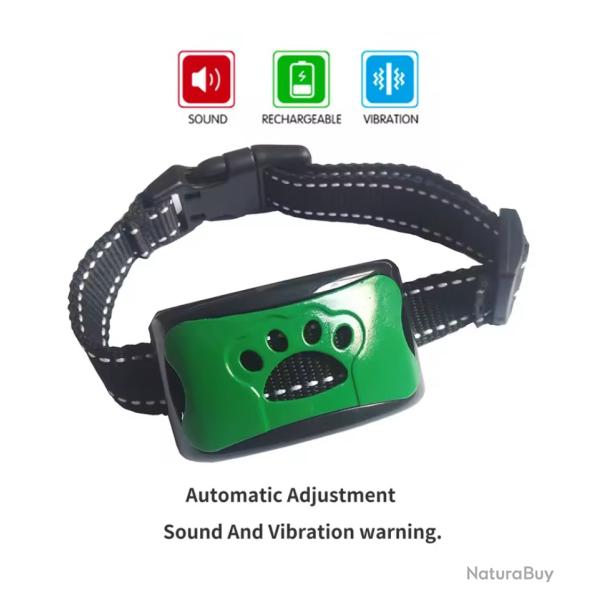 Collier Anti-Aboiement pour Chien Rechargeable USB 7 Niveaux Vibration Son Vert