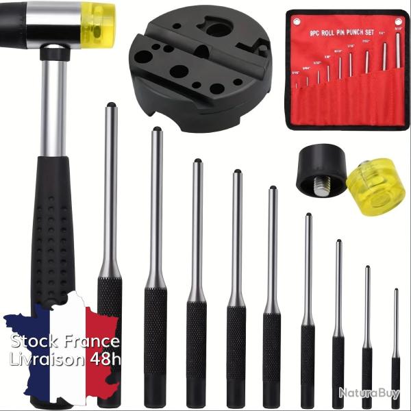 Set de 9 poin�ons chasse-goupilles meca indus + Marteau + Bloc sp�cial armes - Stock France