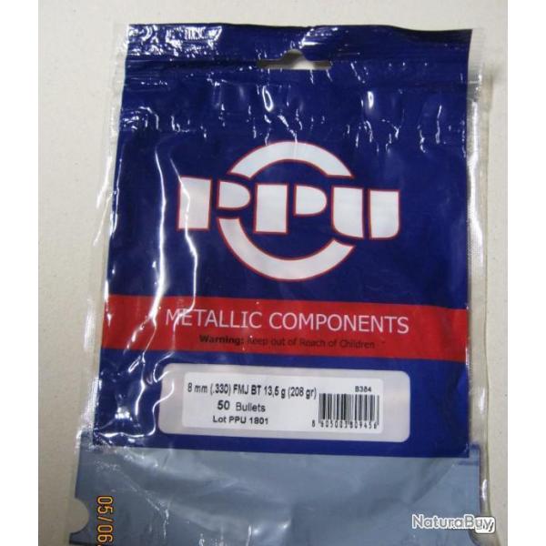 Ogives PPU 8mm (.330) FMJ BT 208gr (13,5g) - Par 50