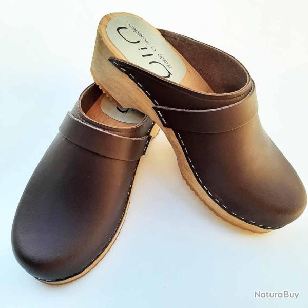 Sabots pour femme su�dois bois et cuir tannage v�g�tal cuir choco VEG